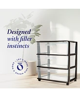 Homz Tall Solid Plastic 3 Drawer Medium Storage Cart with Wheels, Black (2 Pack)