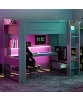 Boyel Living Wood Twin Size Gaming Loft Bed with Desk, Multi-storage Shelves, Led and Charging Station