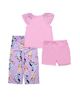 Bluey Toddler Girls Short Frill Sleeve Tank, Shorts and Open Leg Pants, 3-Piece Pajama Set