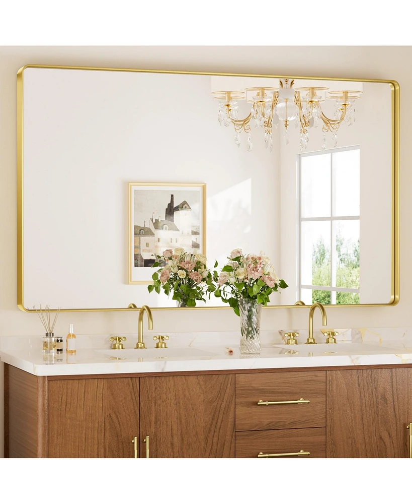 Keonjinn 60x36 Inch Brushed Gold Bathroom Vanity Mirror Tempered Glass Metal Framed