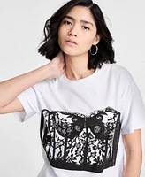 Bar Iii Women's Graphic Corset Crewneck Tee, Exclusively at Macy's