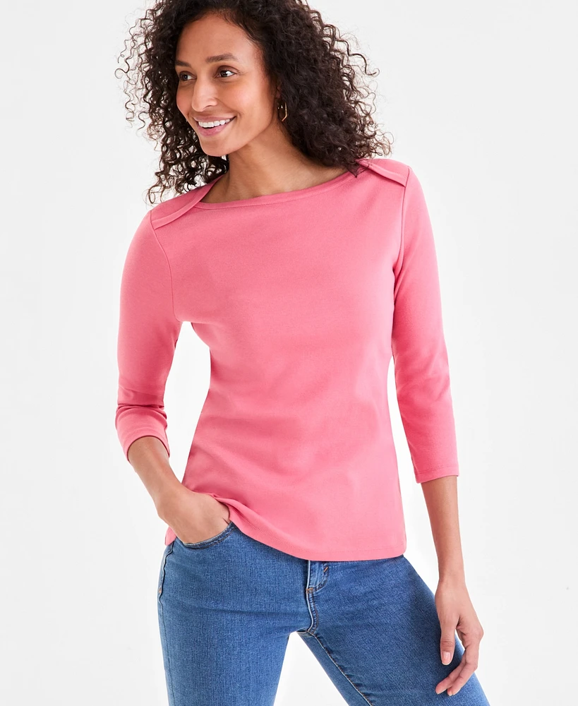 Style & Co Women's Pima Cotton 3/4-Sleeve Boat-Neck Top, Regular Petite