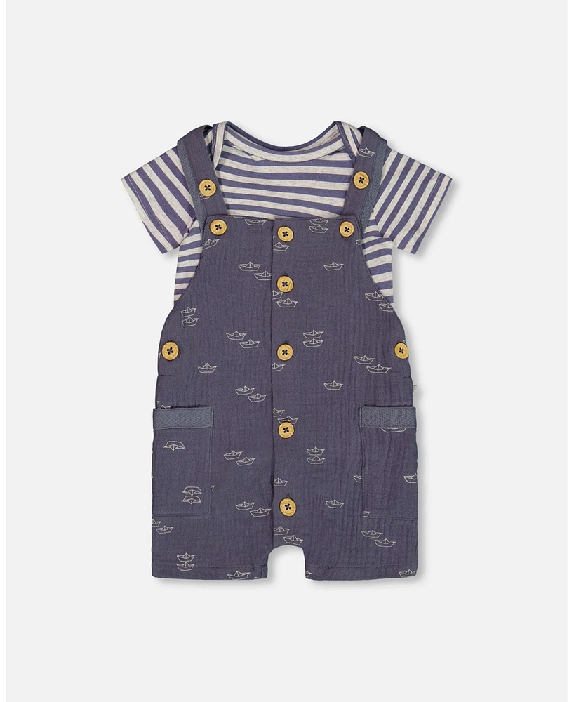 Deux par Baby Boys Printed Cotton Onesie And Muslin Shortall Set Navy Blue Paper Boats