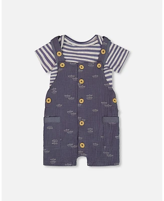 Deux par Baby Boys Printed Cotton Onesie And Muslin Shortall Set Navy Blue Paper Boats