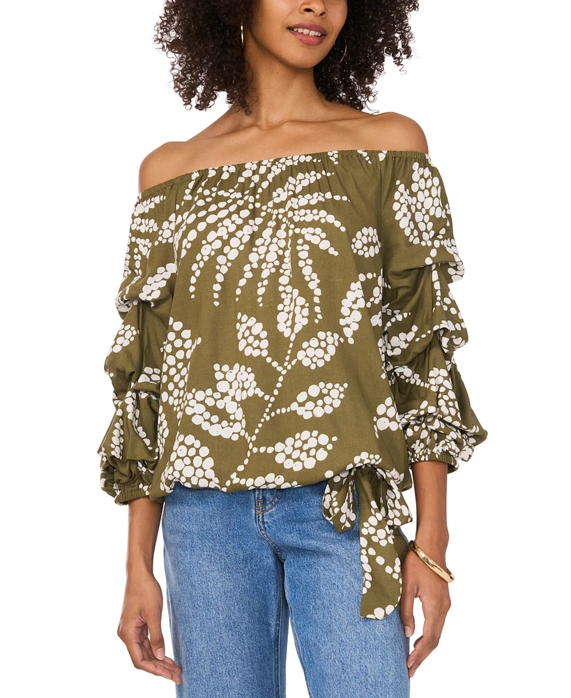 Vince Camuto Women's Tropical-Print Off The Shoulder Bubble Sleeve Tie Front Blouse