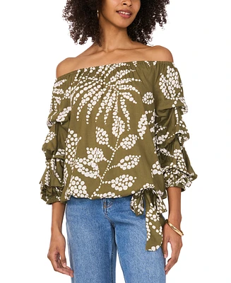 Vince Camuto Women's Tropical-Print Off The Shoulder Bubble Sleeve Tie Front Blouse