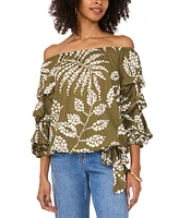 Vince Camuto Women's Tropical-Print Off The Shoulder Bubble Sleeve Tie Front Blouse