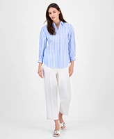 Anne Klein Women's Cotton Poplin Striped 3/4-Sleeve Blouse