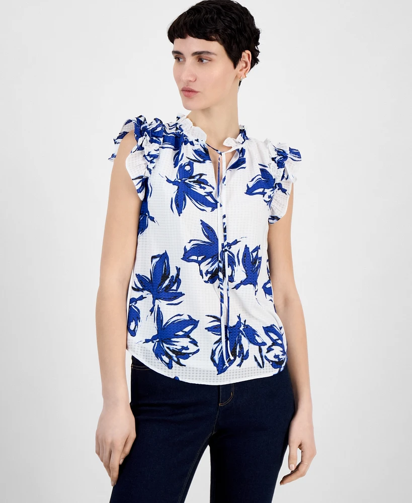 Anne Klein Women's Floral-Print Ruffle-Sleeve Blouse