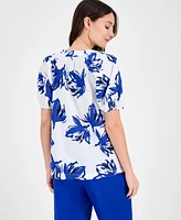 Anne Klein Women's Cotton Printed Puff-Sleeve Blouse, Created for Macy's