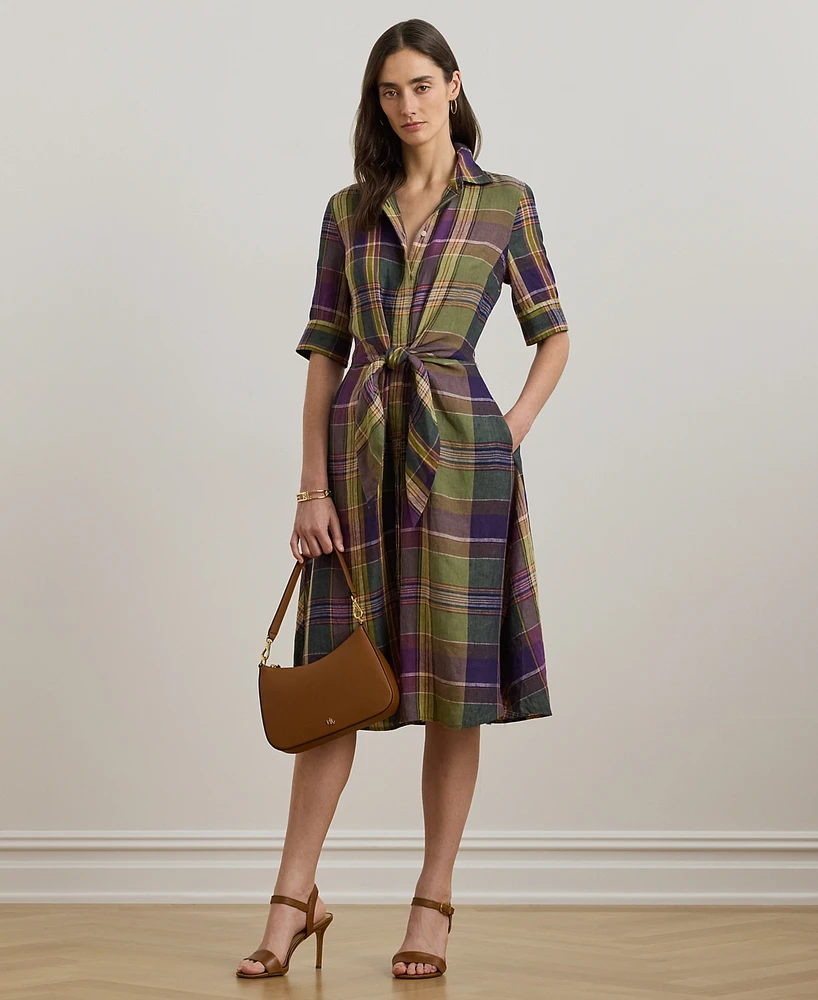 Lauren Ralph Petite 100% Linen Plaid Tie-Front Shirtdress