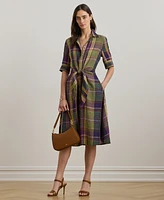 Lauren Ralph Petite 100% Linen Plaid Tie-Front Shirtdress