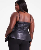 Bar Iii Trendy Plus Faux-Leather Peplum Top, Exclusively at Macy's