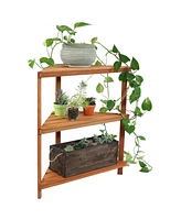 Meranti Wood 3-Tier Corner Plant Stand Shelves with Teak Oil Finish - Indoor/Outdoor Wooden Planter Furniture