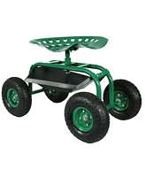 Sunnydaze Decor Rolling Garden Cart Scooter with Wheels and Tool Tray - 360-Degree Swivel Seat - Green