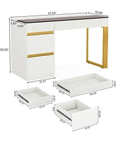 Tribesigns Vanity Desk with Glass Top, 4 Drawers Makeup Vanity Table, Modern Makeup Dresser Desk, White Gold Vanities with Visual Drawer for Bedroom