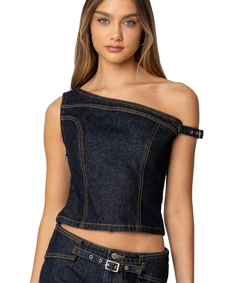 Edikted Women's Keira Buckled Asymmetric Denim Top