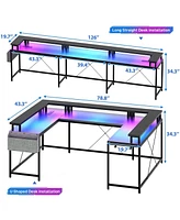 gaomon U Shaped Desk, 126 Inch Gaming Desk with Monitor Stand and Led Lights