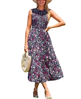 Cupshe Women's Dark Floral Smocked Bodice Sleeveless Midi Beach Dress