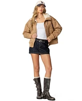 Edikted Womens Faux Suede Shearling Bomber Jacket