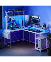 gaomon Reversible L Shaped Computer Desk with Hutch, 67" Gaming Desk with Led Lights & Power Outlets