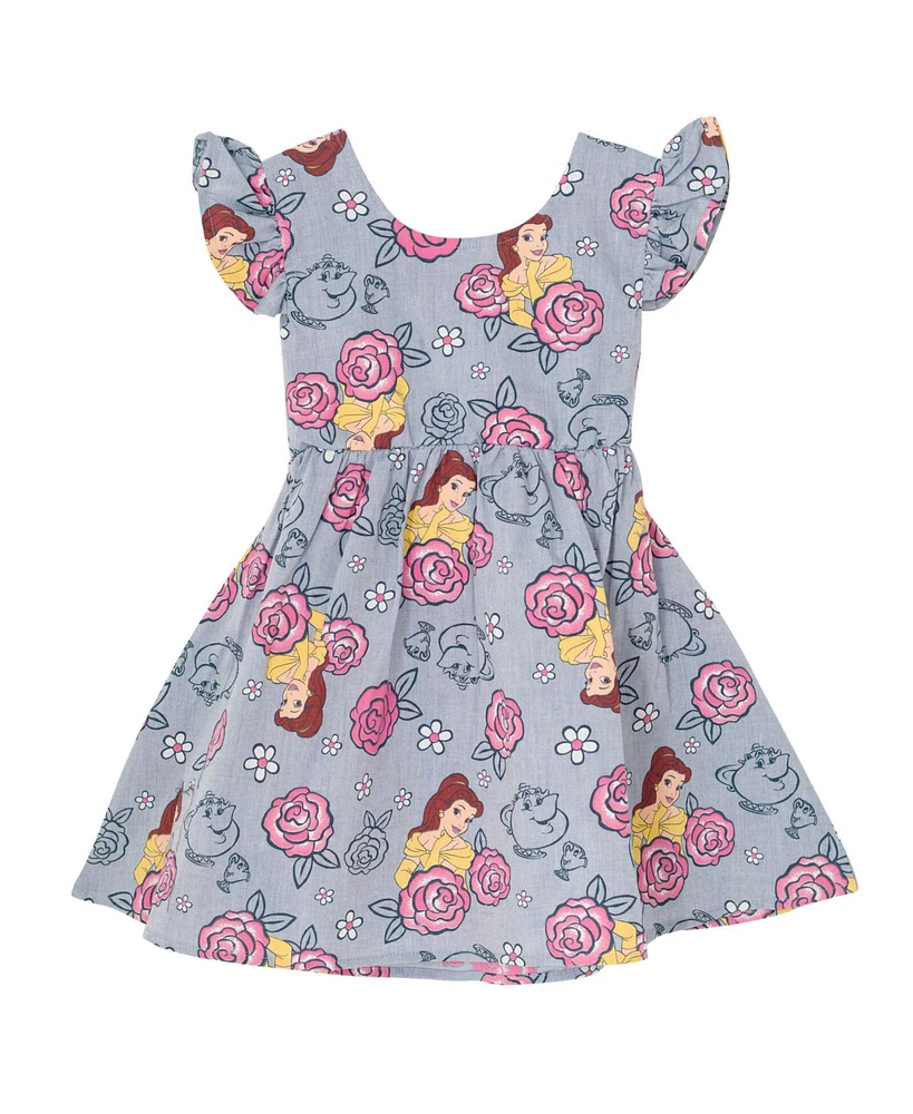 Princess Girls Disney Minnie Mouse Mickey Daisy Lilo & Stitch Belle Ariel Chambray Skater Dress to