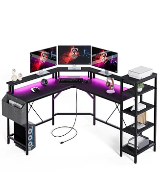 gaomon L Shaped Desk with Power Outlets & Led Lights