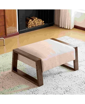 Vintage-Inspired Beige Ottoman with Wooden Legs, Stylish Footrest for Living Room, Bedroom, and Small Spaces-The Pop Home