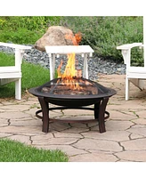 Sunnydaze Decor 29-Inch Elevated Wood-Burning Fire Pit Bowl with Stand - Includes Spark Screen, Wood Grate, and Poker