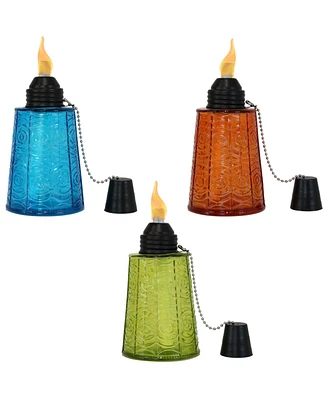 Multicolored Glass Outdoor Tabletop Torch Set with Fiberglass Wicks - Set of 3 (1 Blue, 1 Orange and 1 Green)