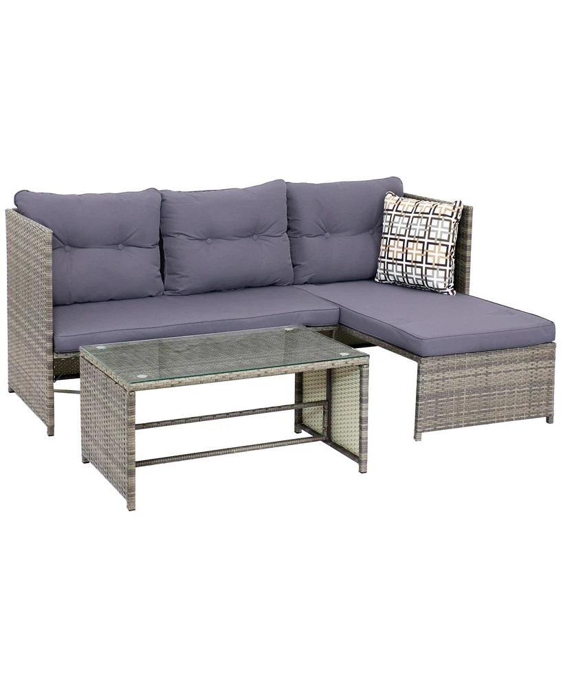 Longford Outdoor Patio Sectional Sofa Set - Backyard Brown Rattan Wicker Chaise Lounge Furniture with Coffee Table and Thick Cushions