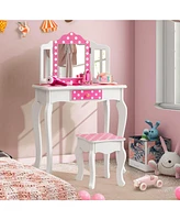 Gouun Kids Vanity Table and Stool Set with Cute Polka Dot Print