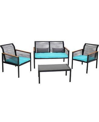 Coachford 4-Piece Patio Conversation Furniture Set - 1 Loveseat, 2 Chairs and Coffee Table Thick Red Cushions