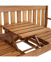 Meranti Wood Outdoor Patio Bench with Built-In Pop-Up Table - Teak Oil Finish - 60-Inch