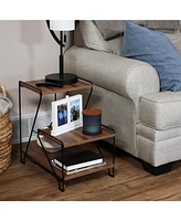 21-Inch H 3-Tier Steel Side Table with Shelves with Faux Woodgrain Tabletops - For Living Room or Office - Brown