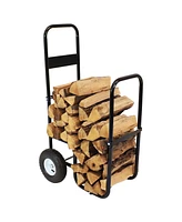 Sunnydaze Decor Outdoor Firewood Log Cart with Pneumatic Tires - Black Steel Rolling Wood Carrier