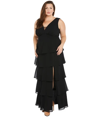 R & M Richards Plus Tiered High-Slit Sleeveless Dress