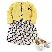 Hudson Baby Girls Cotton Dress, Cardigan and Shoe 3pc Set, Daisy, 12-18 Months