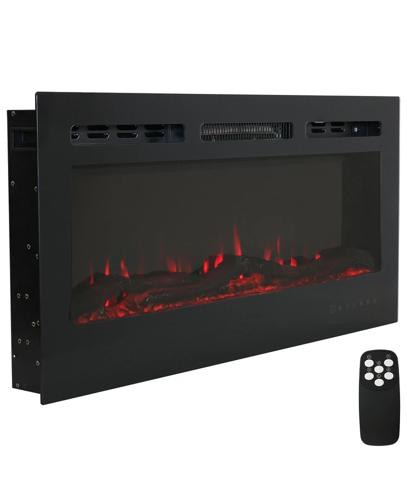 Modern Flame Wall-Mounted or Recessed Indoor Electric Fireplace with Led Lights - Black Finish