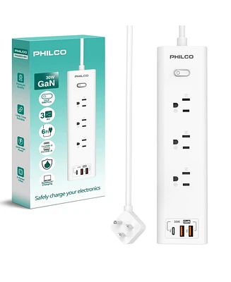 Philco 30W Wall Outlet, 1.8 Meter Ac Plug, 1 Usb-c, 2 Usb-a, Ocp Switch, 110-220V, Safe and Durable for Home