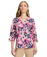 Jones New York Petite Split-Neck Tie-Cuff Floral-Print Top