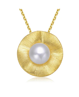 Genevive Sterling Silver 14K Gold Plated with Genuine Freshwater Pearl Curvy Pendant Necklace