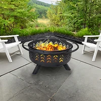 Arrow Motif 36-Inch Round Wood-Burning Fire Pit for Outside - Includes Spark Screen, Built-In Grate, and Cover - Black