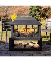 Sunnydaze Decor Backyard Blaze 35-Inch H Heavy-Duty Steel Outdoor Fireplace with Built-In Log Storage - Includes Protective Cover - Brushed Bronze