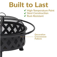 Crossweave Outdoor Fire Pit - Wood-Burning for Outside with Spark Screen, Poker and Round Cover 30-Inch Black
