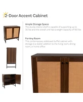 2-Door Rattan Storage Cabinet - Sideboard Buffet with Adjustable Shelf and Doors Light Oak Wood Look