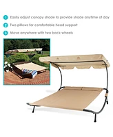 Outdoor Double Chaise Lounge Bed with Canopy and Headrest Pillow - Beige Fabric with Black Powder-Coated Steel Frame