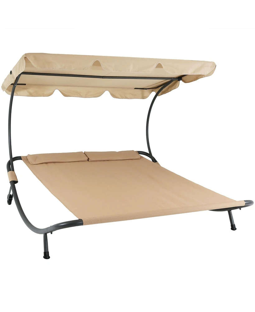 Sunnydaze Decor Outdoor Double Chaise Lounge Bed with Canopy and Headrest Pillow - Beige Fabric with Black Powder-Coated Steel Frame