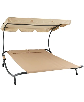 Sunnydaze Decor Outdoor Double Chaise Lounge Bed with Canopy and Headrest Pillow - Beige Fabric with Black Powder-Coated Steel Frame