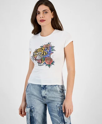 Guess Women's Embellished-Tiger Short-Sleeve Crewneck Top
